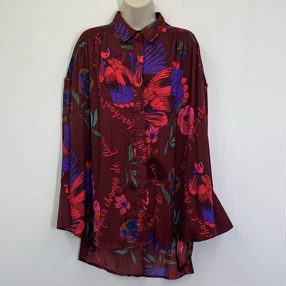 Free People - Silky NIghts Fun Print  Button Down Long Sleeve Oversized Blouse S - Picture 2 of 11